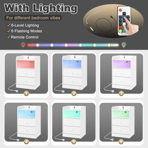 Nachtkastje - Bijzettafel - Nachtkastje met Oplaadstation – 2 USB-poorten - 2 Stopcontacten – Bijzettafel met Verstelbare LED-Verlichting – Houten Overbedtafel – Modern Slaapkamermeubel - 40x64x35 cm - Wit