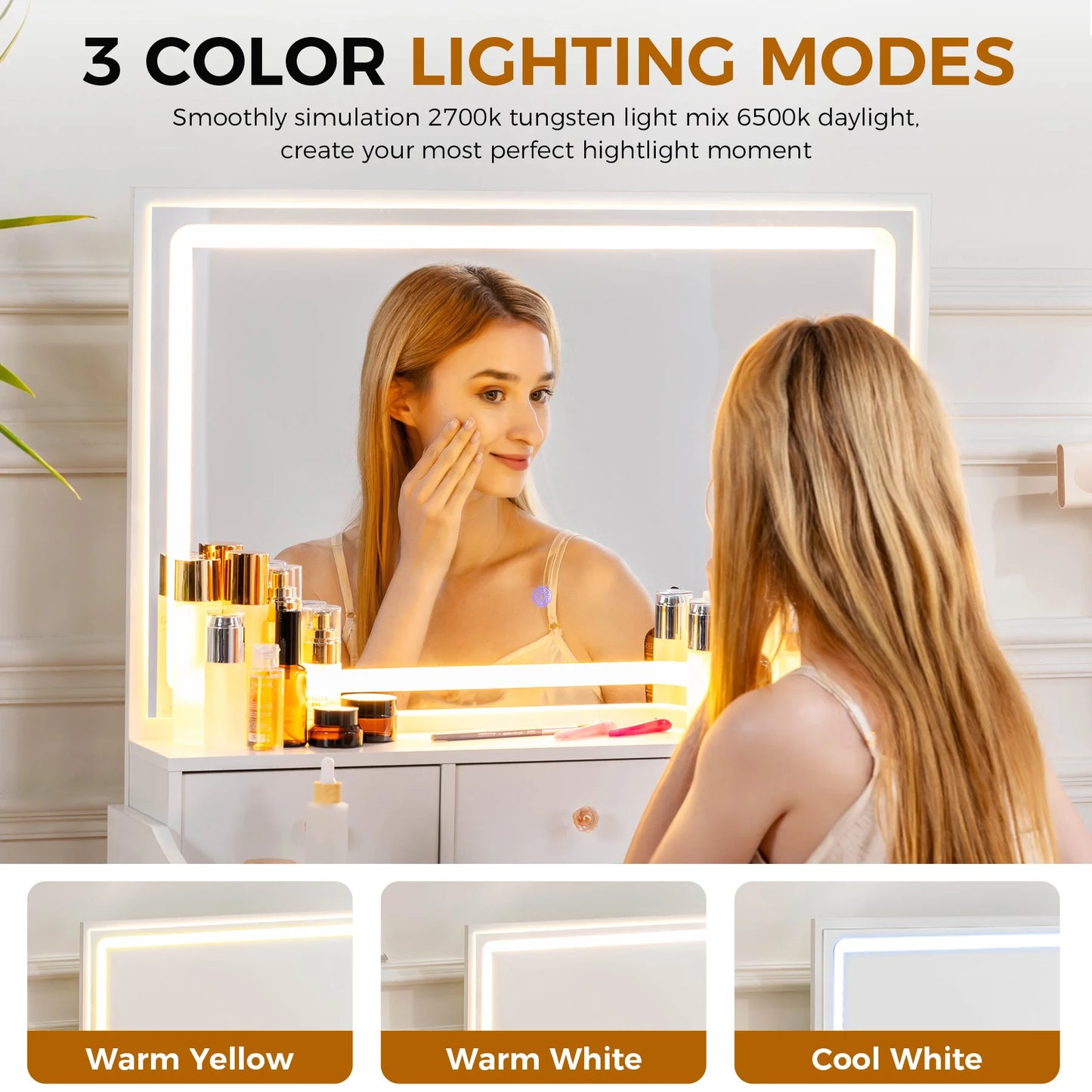 Kaptafel – Make-uptafel – Visagietafel – Dressoir – Schminktafel – Met 5 Lades – Verstelbare LED-Verlichting – Ingebouwde Stopcontacten en USB-poorten – Inclusief Kruk – Compact Design 40x80x135 cm