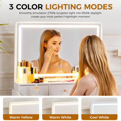 Kaptafel – Make-up Tafel – Schrijftafel – Beauty Meubel – Opbergtafel – LED Verlichting – 5 Lades – Stopcontacten & USB Poorten – 40x80x135 cm