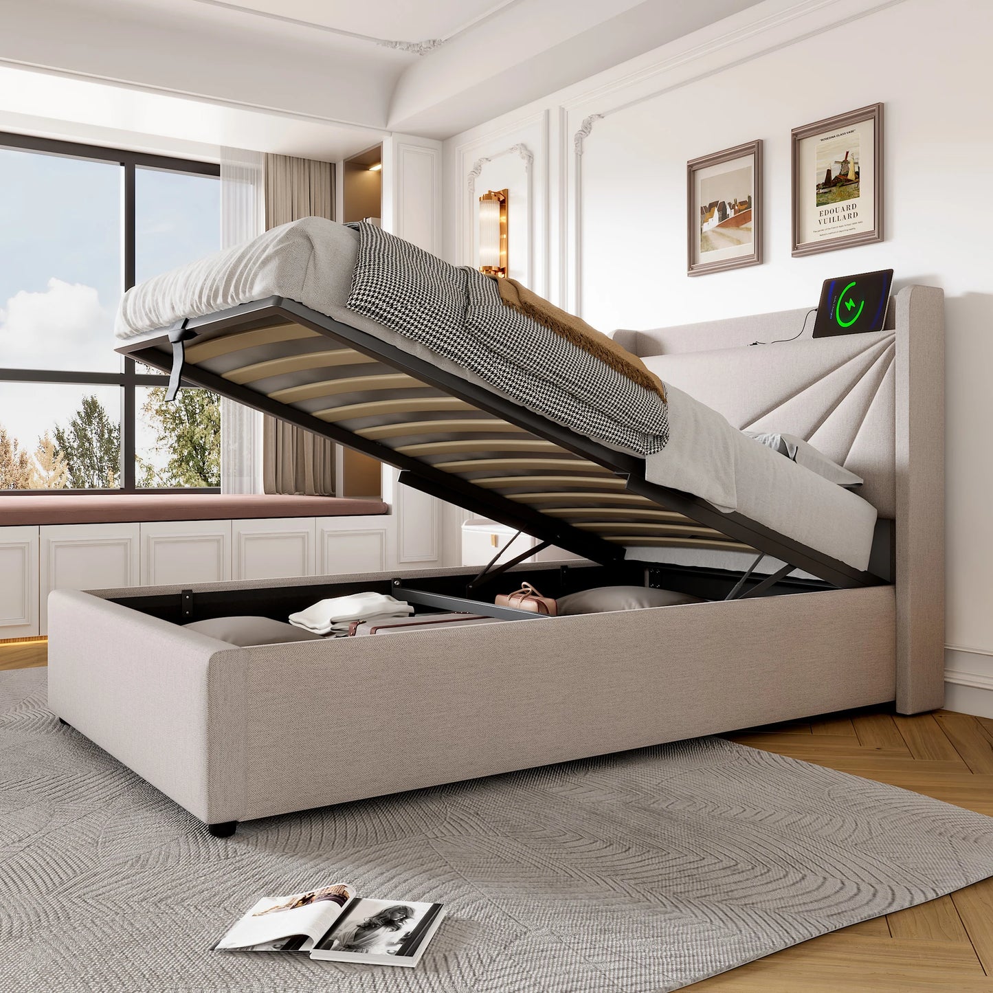 Gepolsterd Bed – Bedframe – Opbergbed – Slaapbed – Linnen Bed – 160x200 cm – Met USB Type-C Oplaadpoort – Luxe Beige Geometrisch Hoofdeinde