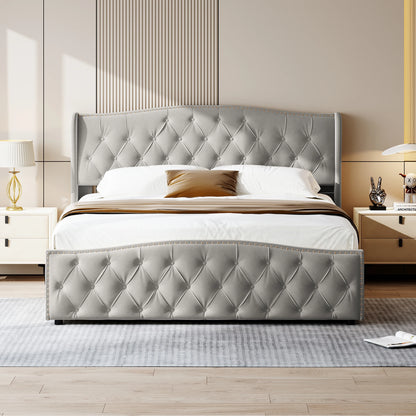 Modern Gestoffeerd Bed – Tweepersoonsbed – Slaapbank – Lit – Bedframe – Grijs Flanel 160x200 cm – Hydraulische Opbergruimte – Stevige Constructie