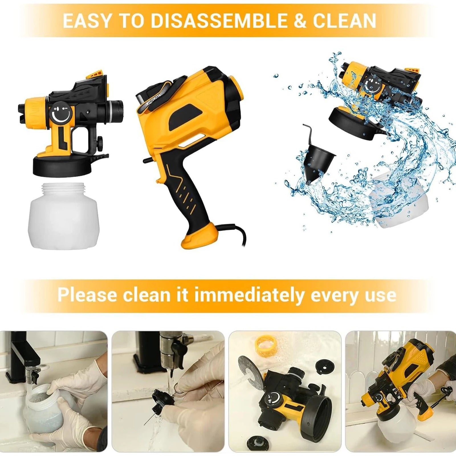 Elektrische Verfspuit - Professioneel Spuitpistool - Met 1400ml Tank - 4 Verstuivers & 3 Spuitpatronen -Makkelijk Schoonmaken - Draagbaar voor Meubels - Hekken -  6 Nozzle - Geel - QUORE
