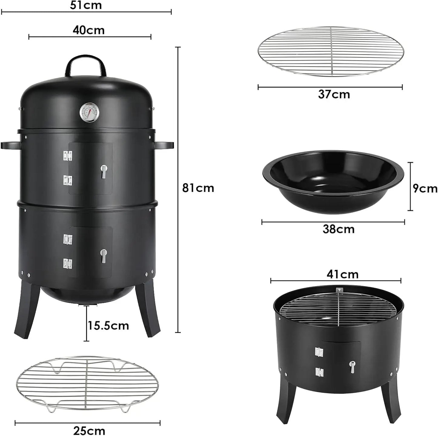3-in-1 - Houtskoolgrill - BBQ-rokergrill -  Draagbare Verticale Grillkoker - met Ingebouwde Thermometers - Verstelbare Ventilatiesystemen - Klassieke Stijl - voor Buitenkoken - BBQ - 44.5 x 80 cm - Zwart