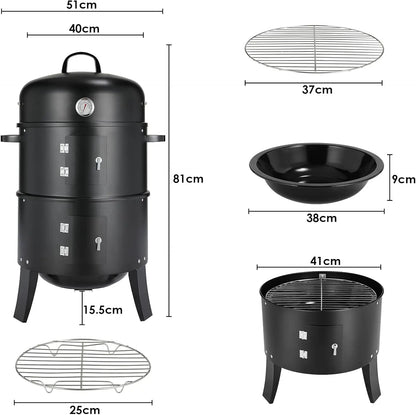 3-in-1 - Houtskoolgrill - BBQ-rokergrill -  Draagbare Verticale Grillkoker - met Ingebouwde Thermometers - Verstelbare Ventilatiesystemen - Klassieke Stijl - voor Buitenkoken - BBQ - 44.5 x 80 cm - Zwart