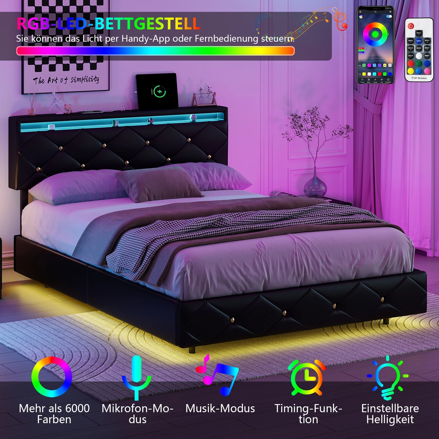 Tweepersoonsbed – Gestoffeerd Bed – 2-persoonsbed – Platformbed – Bedframe – 160x200 cm – Verstelbaar Hoofdeinde – Ingebouwde LED-verlichting
