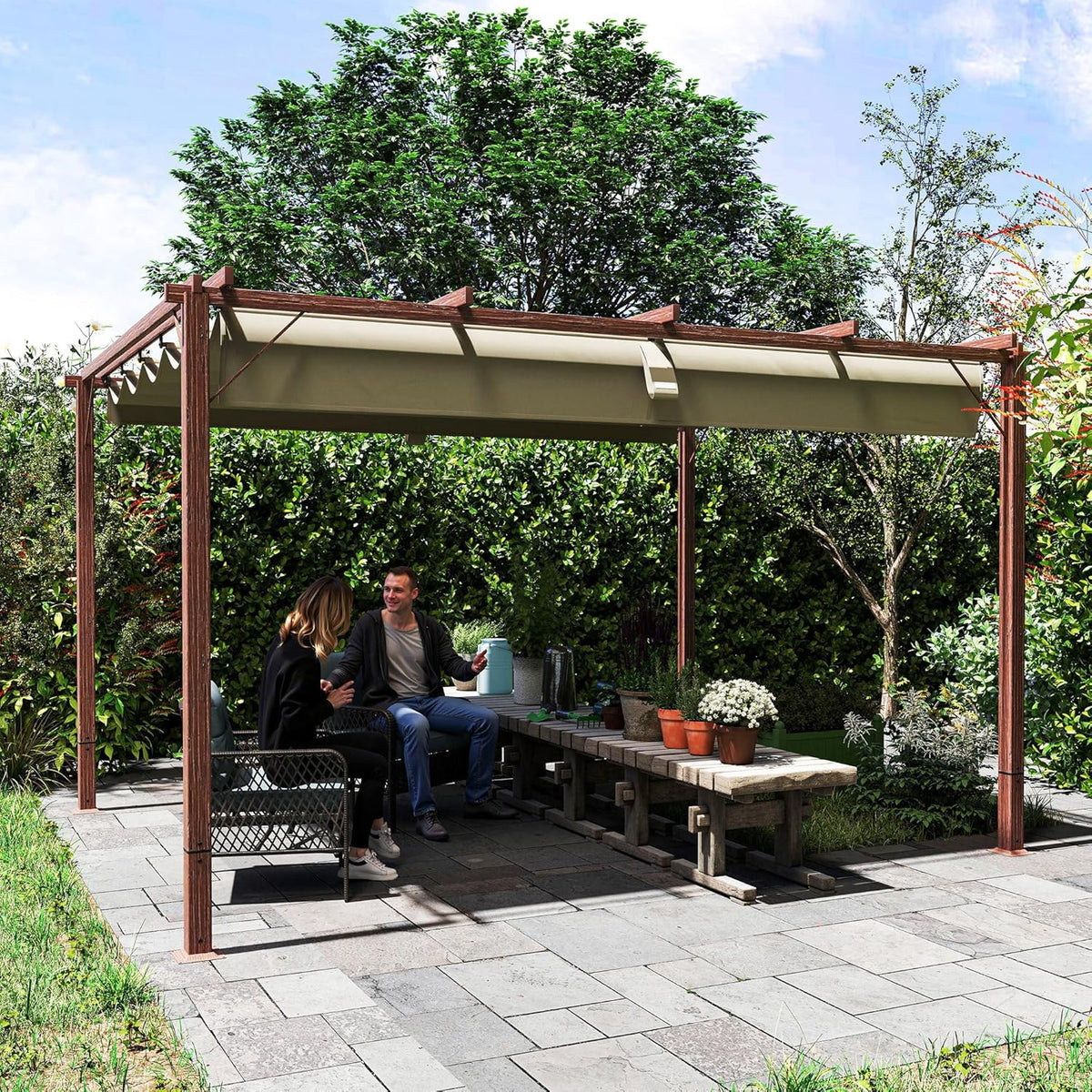 Outsunny Pergola approx. 3x4m Garten Pavillon mit magnetischen Pad, Terrassendachung aus Aluminium, Gartenpavillon mit verstellbares Dach, Freistehend, UV Schutz 30+, für Terrasse und Garten, - QUORE