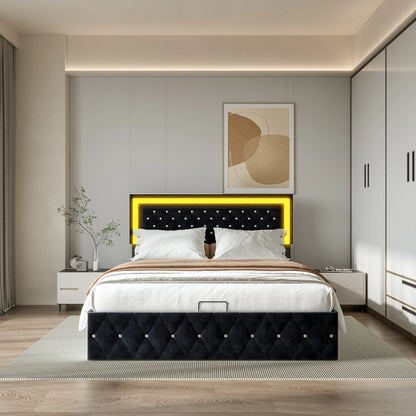 Gestoffeerd Tweepersoonsbed – Bedframe – Slaapbed – Boxspringbed – Luxe Bed – Zwart – 140x200 cm – Met Hydraulische Opbergruimte – Zacht Fluwelen Bekleding