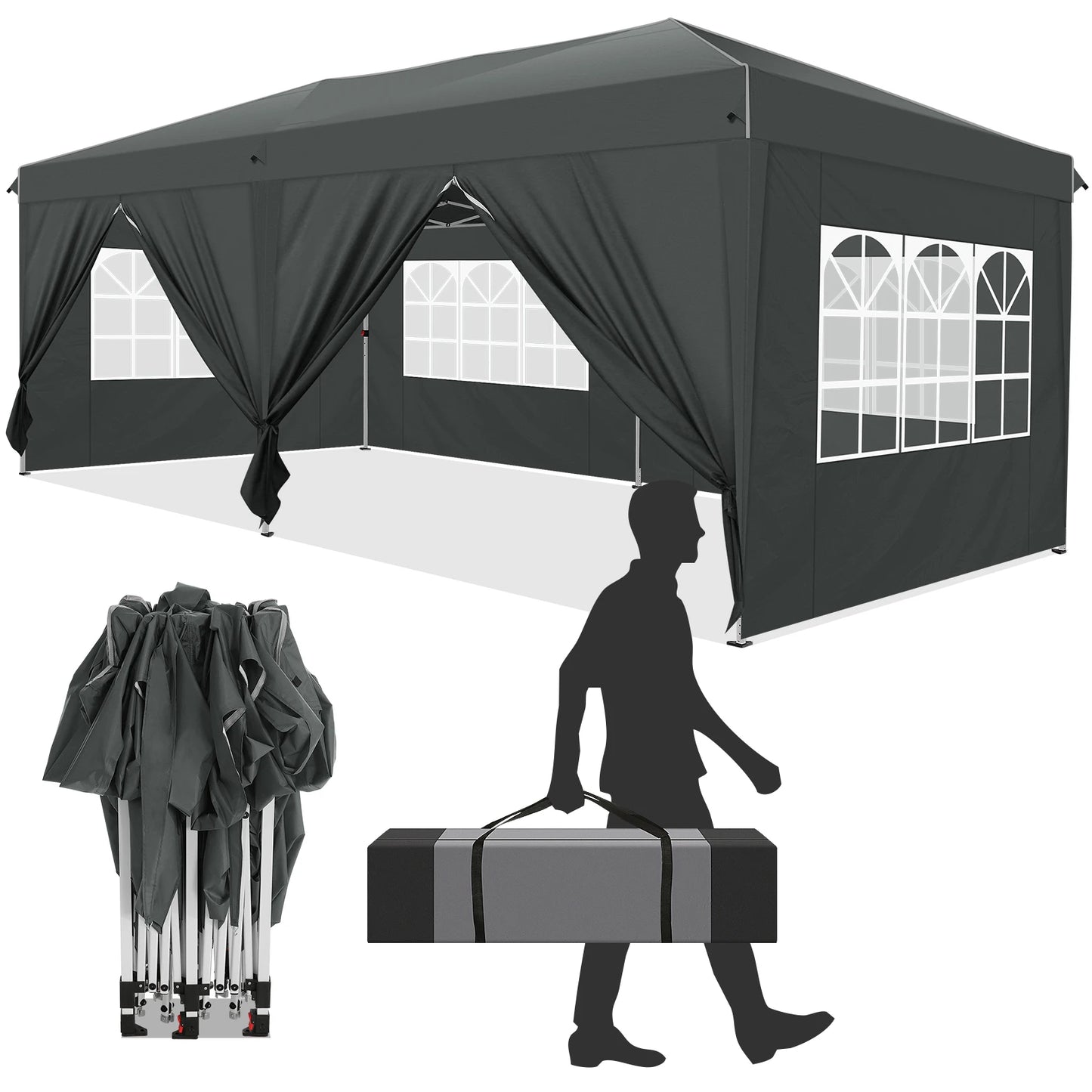 Vouwwagen – Pop-Up Tent – Opvouwbare Tent – Buiten Tent – Waterafstotend Oxford – 3x6 Meter – 6 Afneembare Zijwanden - Grijs