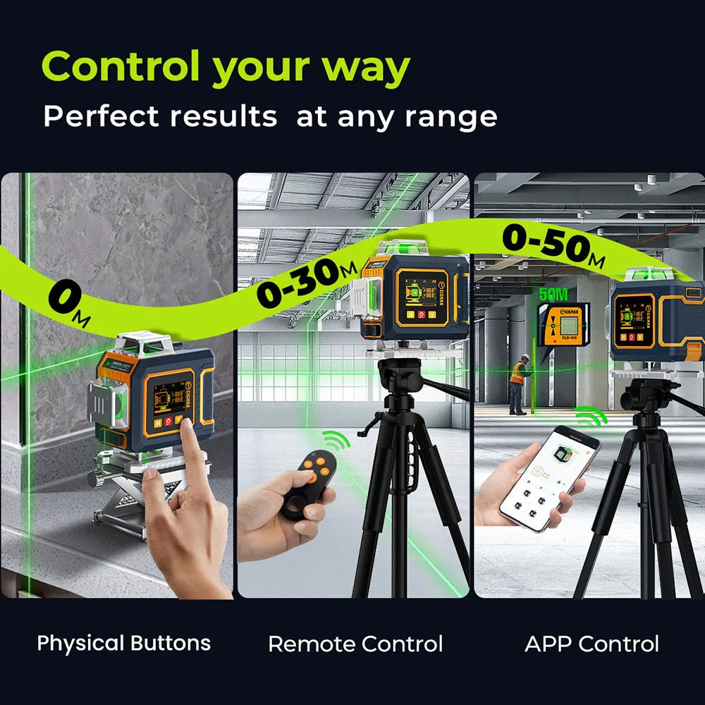16-lijnen lasernivelleerder – laser waterpas – bouwlaser – nivelleermachine – kruislaser – 4×360° groene lasers – automatische nivellering met app bediening - QUORE