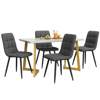 Eetkamerset – Eettafelset – Eetkamertafel Met Stoelen – Compacte Eethoek – Marmerlook Tafel – Linnen Beklede Stoelen - Donkergrijs