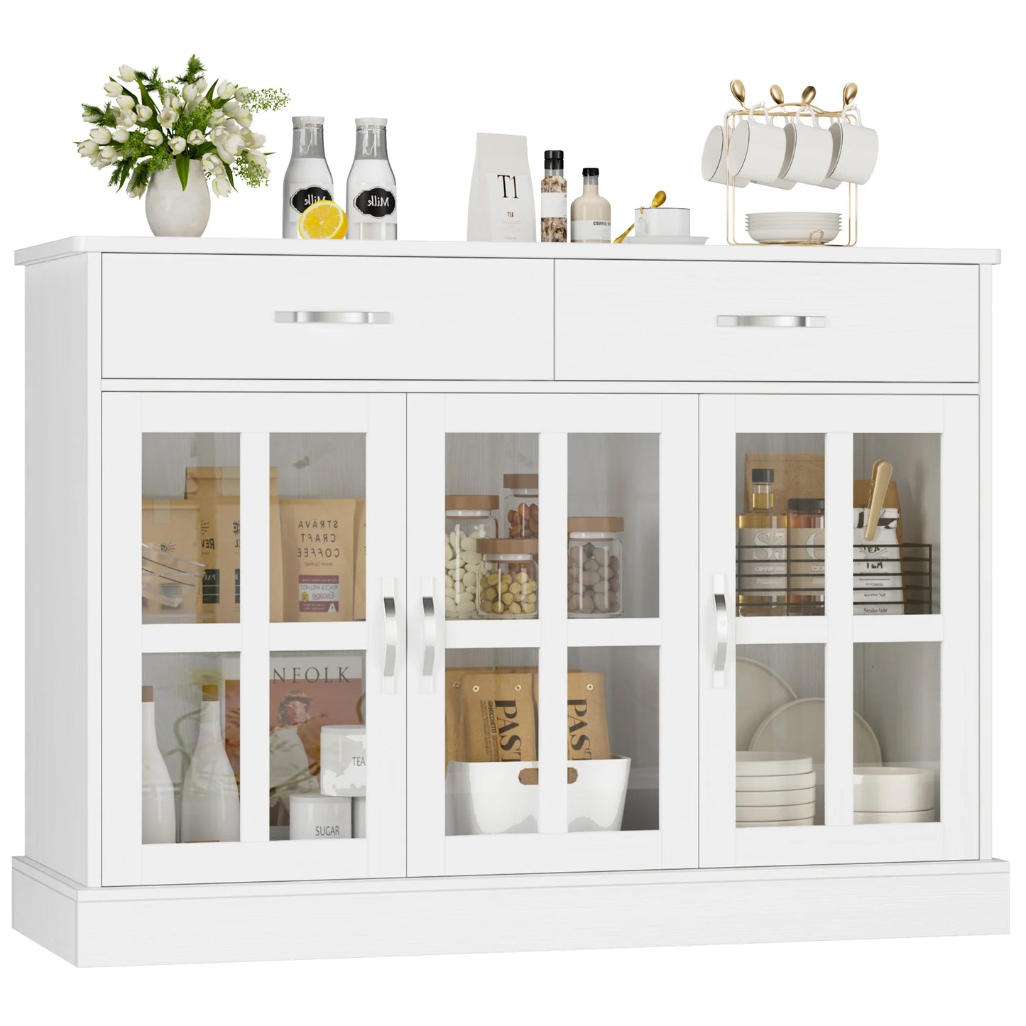 Witte Keukenkast – Buffetkast – Dressoir – Opbergkast – Kast Met Glazen Deuren – 108x38x98,5 cm – Houtpaneel En Gehard Glas