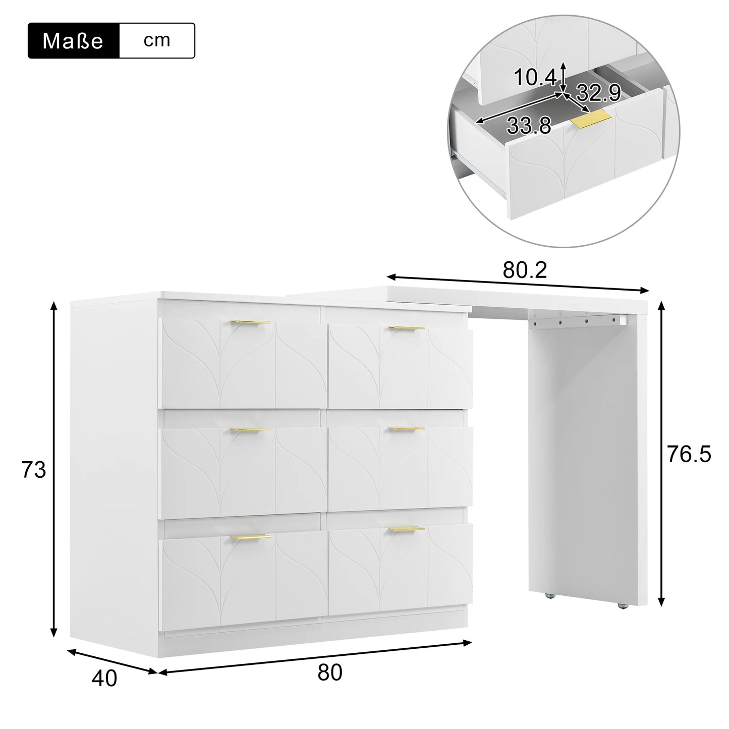 Dressing Table – Kaptafel – Make-up Tafel – Opbergmeubel – Bureau – Wit Met Gouden Handgrepen – 6 Lades – Draaibaar Tafelblad 180°