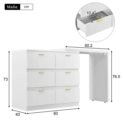 Dressing Table – Kaptafel – Make-up Tafel – Opbergmeubel – Bureau – Wit Met Gouden Handgrepen – 6 Lades – Draaibaar Tafelblad 180°