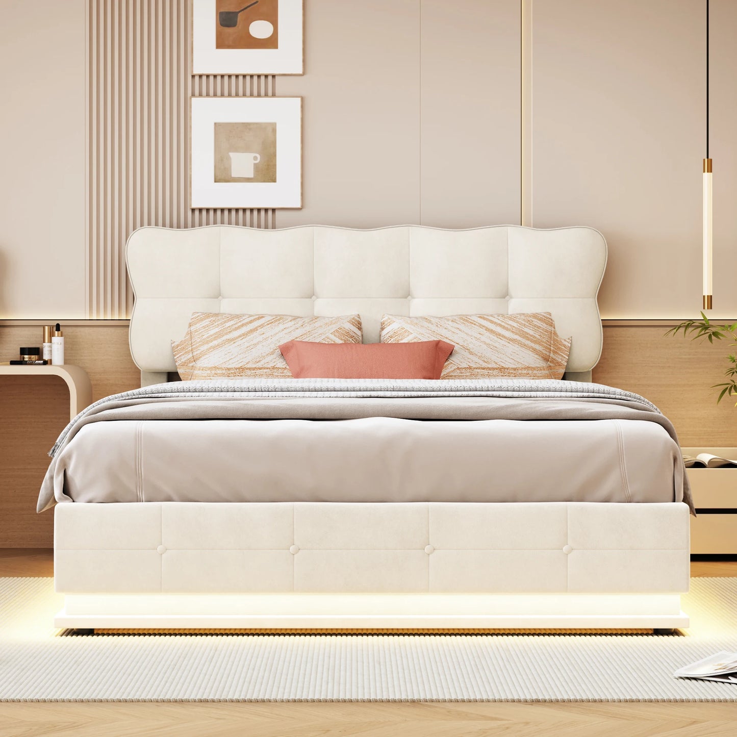 Tweepersoonsbed – Bed – Slaapbed – Opbergbed – Velvet Bed – Beige 140x200cm – Met Opbergruimte – Instelbare RGB LED-Verlichting