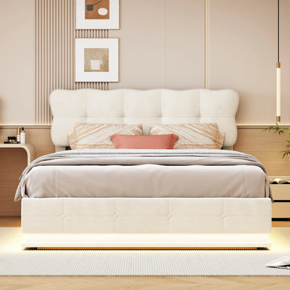 Tweepersoonsbed – Bed – Slaapbed – Opbergbed – Velvet Bed – Beige 140x200cm – Met Opbergruimte – Instelbare RGB LED-Verlichting