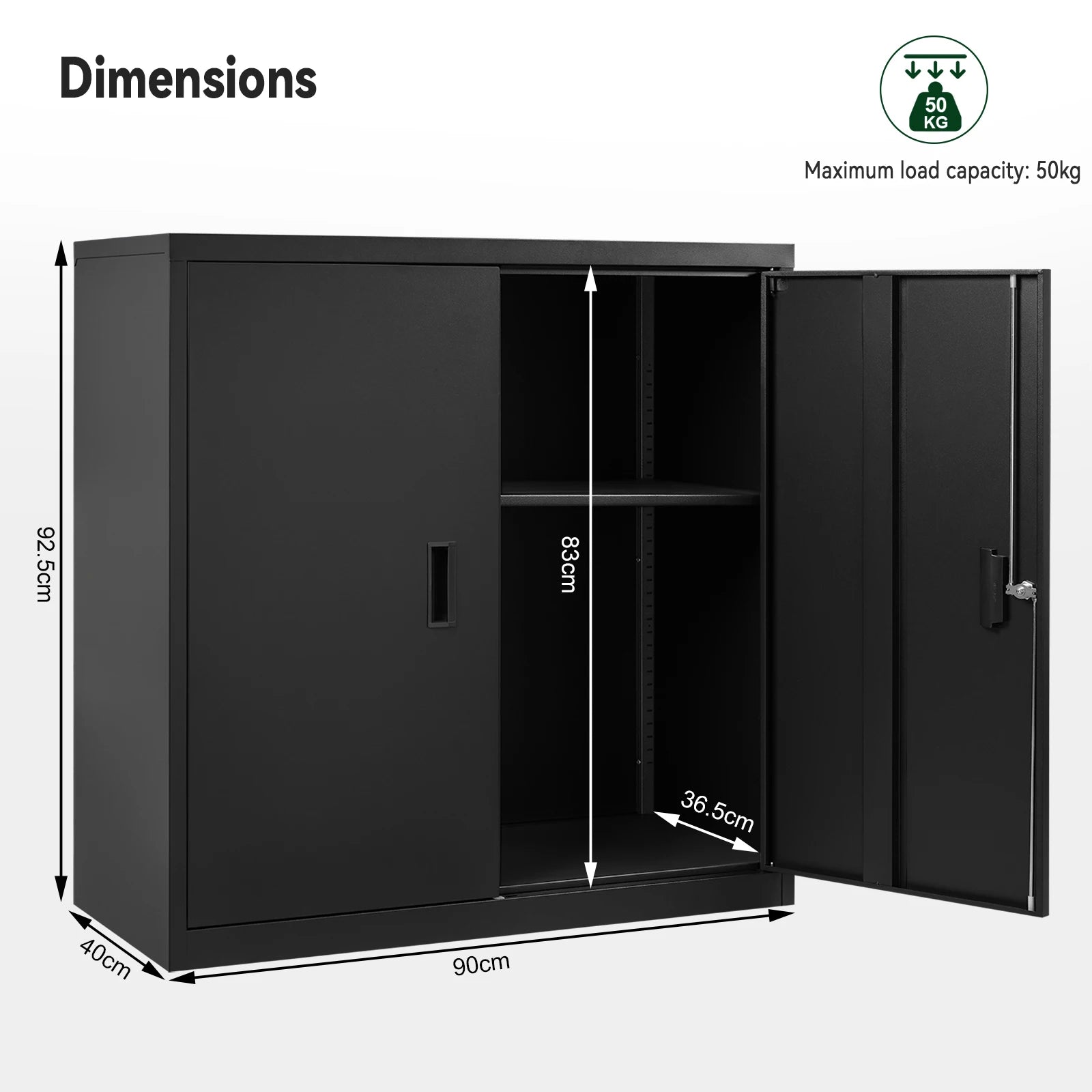Metalen Archiefkast - met Slot – Kantoor - Garage - Muur - Verstelbare Legplank - voor Documenten - Printer - Gereedschap – 90x92x40cm – Zwart - QUORE