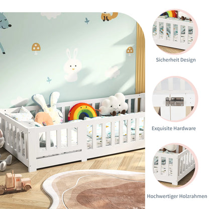 Montessori Kinderbed – Kinderbedje – Peuterbed – Juniorbed – Bed Met Deur – 90 x 200 cm – Massief Grenenhout – Valbeveiliging Met Lattenbodem – Wit - QUORE