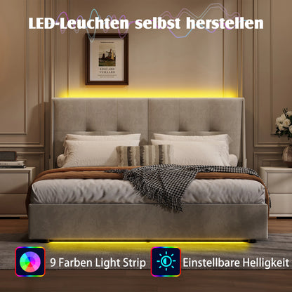 Led-bed – Gestoffeerd Bed – Tweepersoonsbed – Opbergbed – Lattenbodem – 140x200 cm – Met LED-verlichting en Opbergruimte