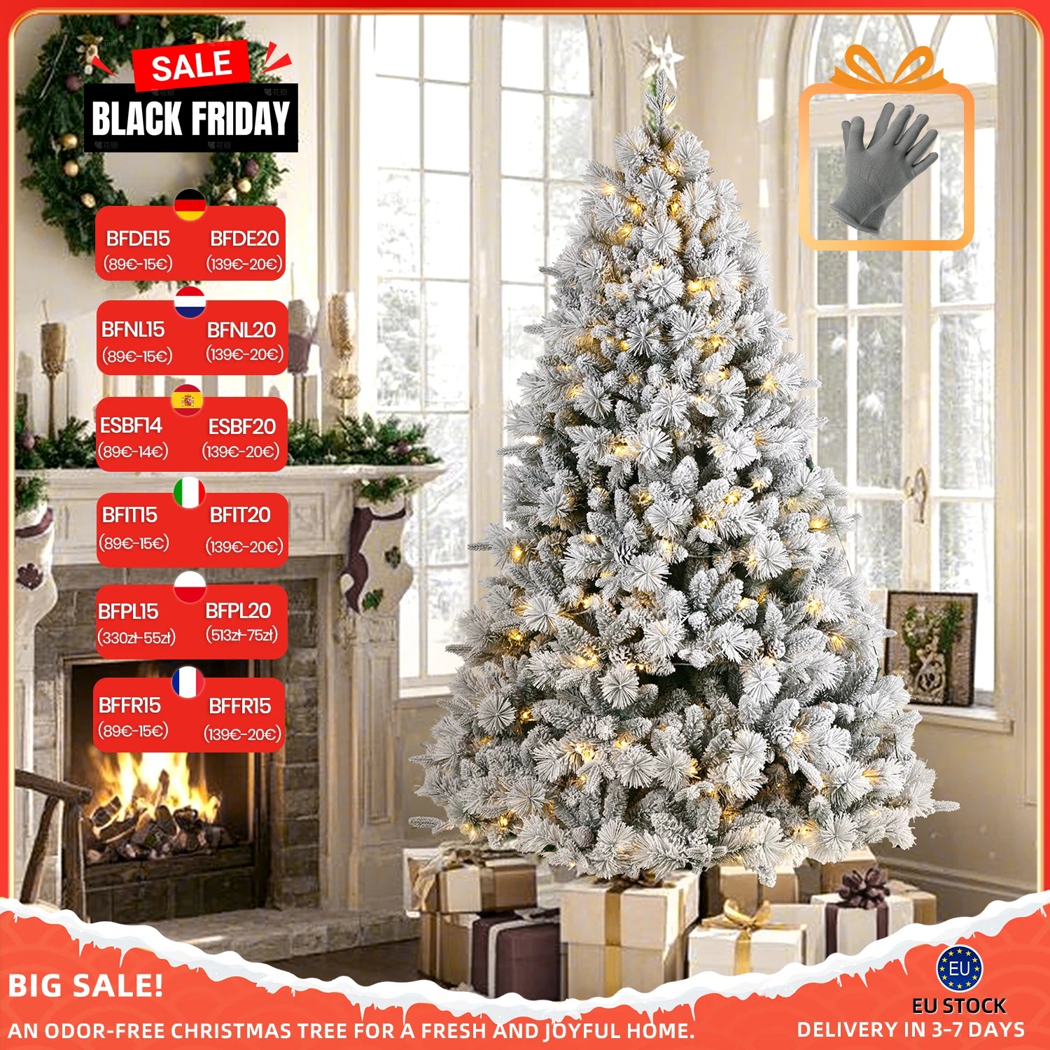 Witte Kunstkerstboom – Kunstkerstboom Met Sneeuweffect – LED Kerstboom – Feestelijke Boom – Decoratieve Kerstboom – 210 cm Met 350 Warmwitte LED’s – Stevige Metalen Voet - QUORE