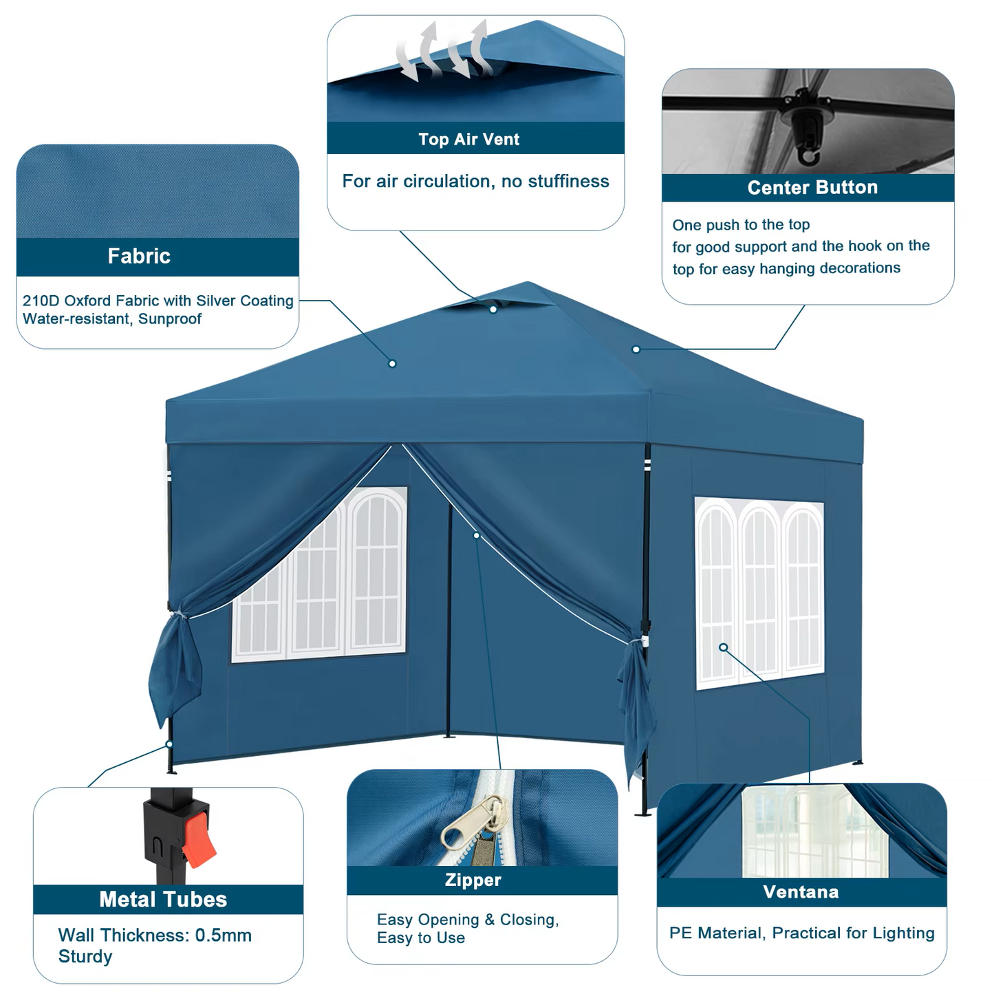 Paviljoen - Tuinpaviljoen - Partytent - Tuintent - Pop-up Kliksysteem - Stabiel - Vouwtent - Opvouwbaar - Waterdicht - Winterbestendig - 50+UV-Bescherming - voor Tuin - Buiten - Achtertuin - 210D Oxford - 3 x 3 m - Blauw