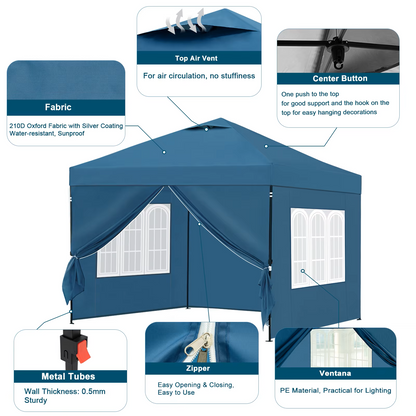 Paviljoen - Tuinpaviljoen - Partytent - Tuintent - Pop-up Kliksysteem - Stabiel - Vouwtent - Opvouwbaar - Waterdicht - Winterbestendig - 50+UV-Bescherming - voor Tuin - Buiten - Achtertuin - 210D Oxford - 3 x 3 m - Blauw