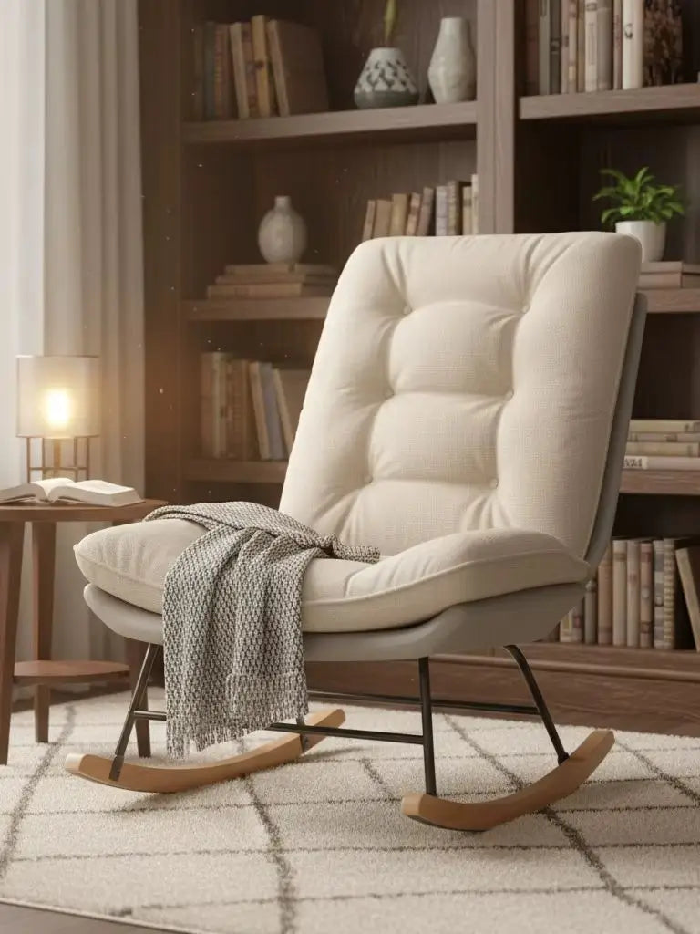 Schommelstoel Woonkamer – Schommelstoel Volwassenen – Gevoerde Schommelstoel – Scandinavische Schommelstoel – Verstelbare Rugleuning – Ergonomisch Comfort – Licht Metalen Frame – Wit Rice Variant