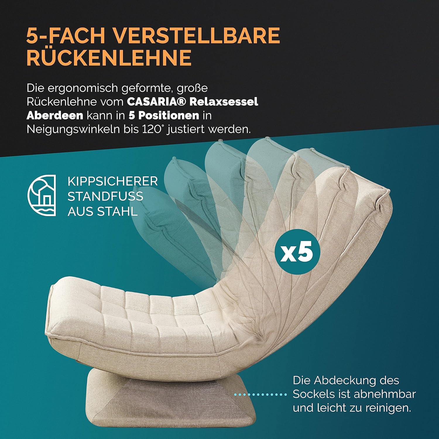 CASARIA Armchair Adjustable 360° Rotatable Foldable Max 150kg 58x57x84cm Fabric Living Room Gaming Sofa Chair Chair Cream - QUORE