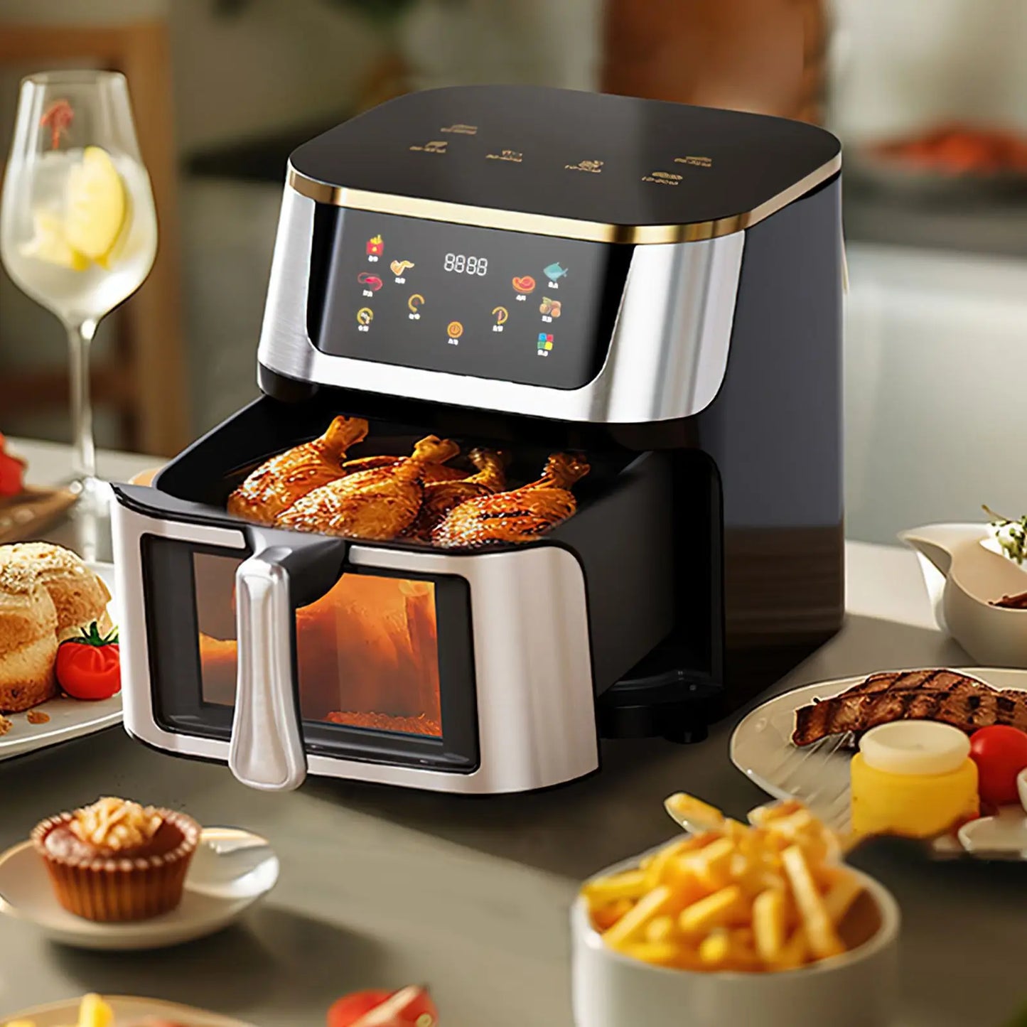 Heteluchtfriteuse – Airfryer - Airfryer Oven - 8L - 1400W - Airfryer Zonder Olie - LED Touchscreen - Kijkvenster - RVS - Hoge Temperatuur - Zwart
