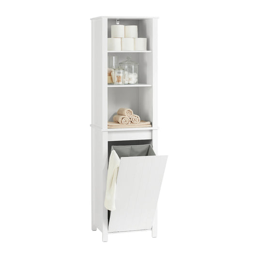 Badkamerkast – Hoge Kast – Kolomkast – Smalle Kast – Wasmandkast – Wit – Compact Formaat – MDF & Dennenhout