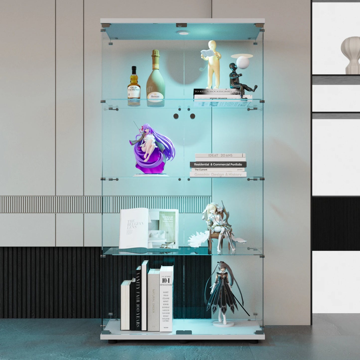Vitrinekast – Glazen Displaykast – Collectiekast – Boekenkast – Showkast – Wit – 4 Transparante Legplanken – LED-Verlichting – Slot