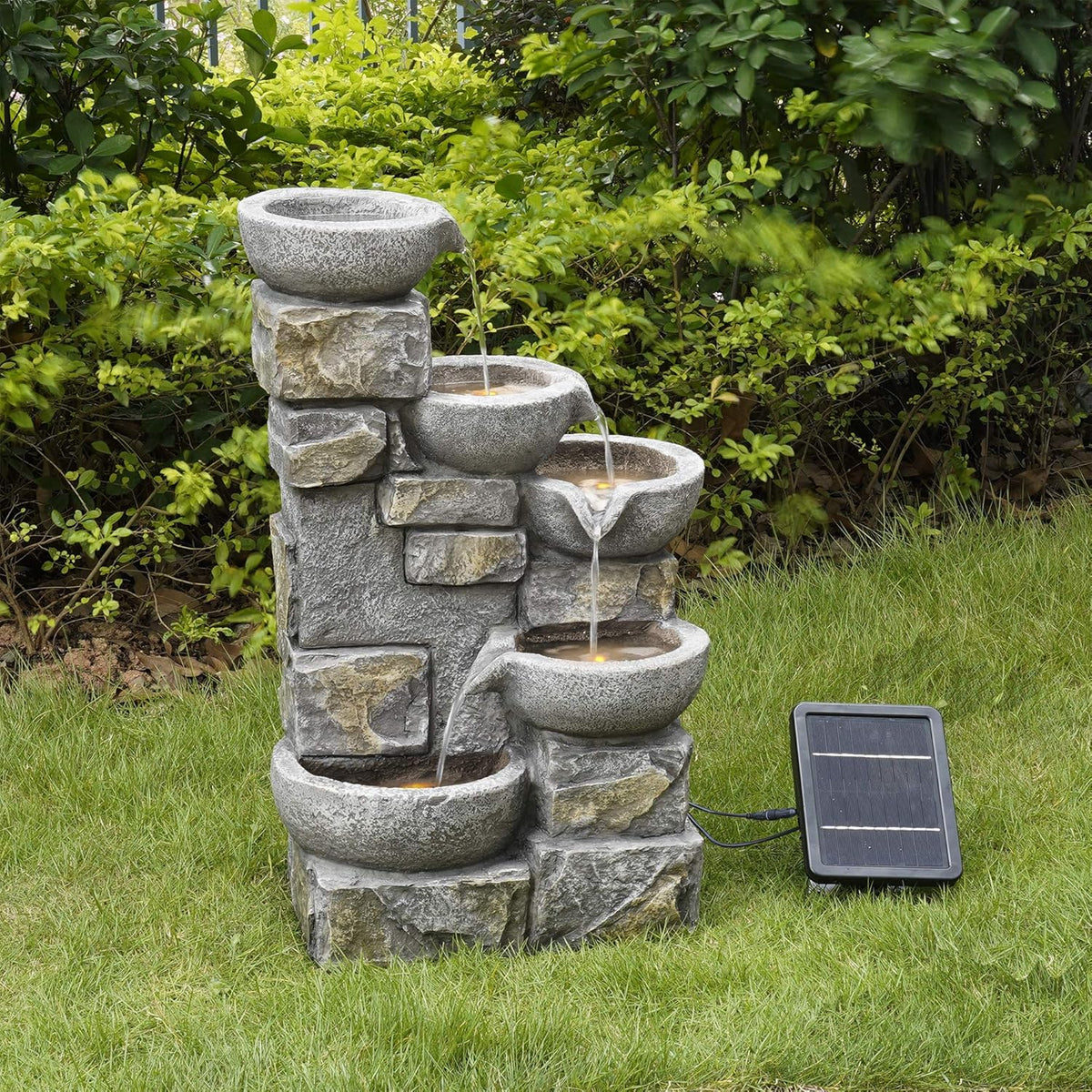 Teamson Home Buiten Tuin Water Fontein Met Lichten - Zonne-Energie - Waterornament - 4 Kommen Ontwerp - Waterval - Tuindecoratie - Binnen & Buitenhuis - Met Pomp - 43.2 x 30.5 x 68.6 (cm)