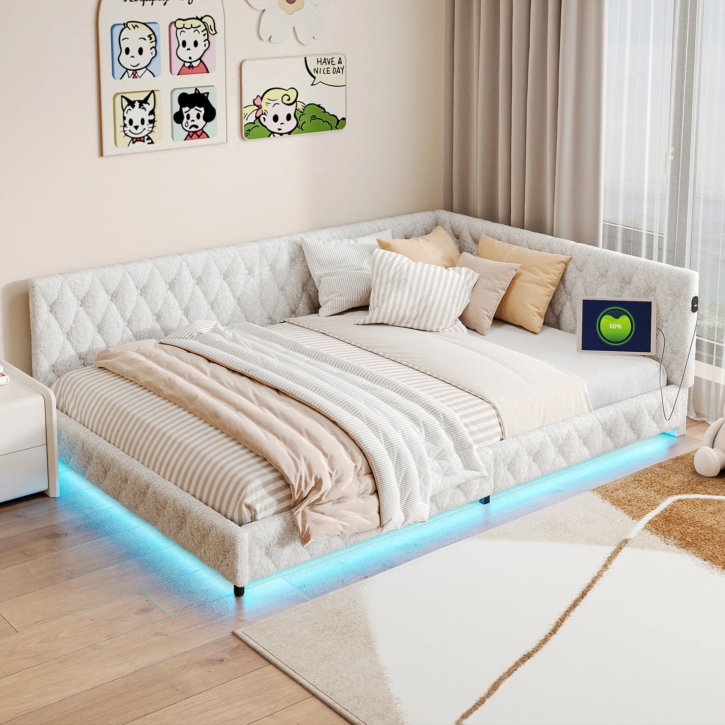 Bankbed – Slaapbank – Bedbank – Logeerbed – Sofa Bed – L-Vormig 140x200 cm – Teddy Velvet Bekleding Met LED-Verlichting En USB-Aansluitingen