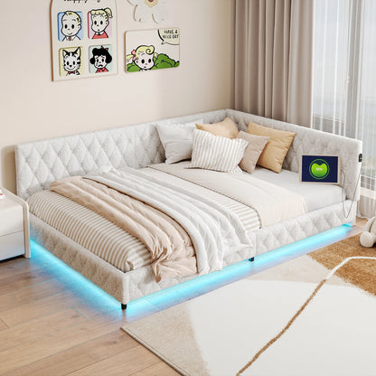 Bankbed – Slaapbank – Bedbank – Logeerbed – Sofa Bed – L-Vormig 140x200 cm – Teddy Velvet Bekleding Met LED-Verlichting En USB-Aansluitingen
