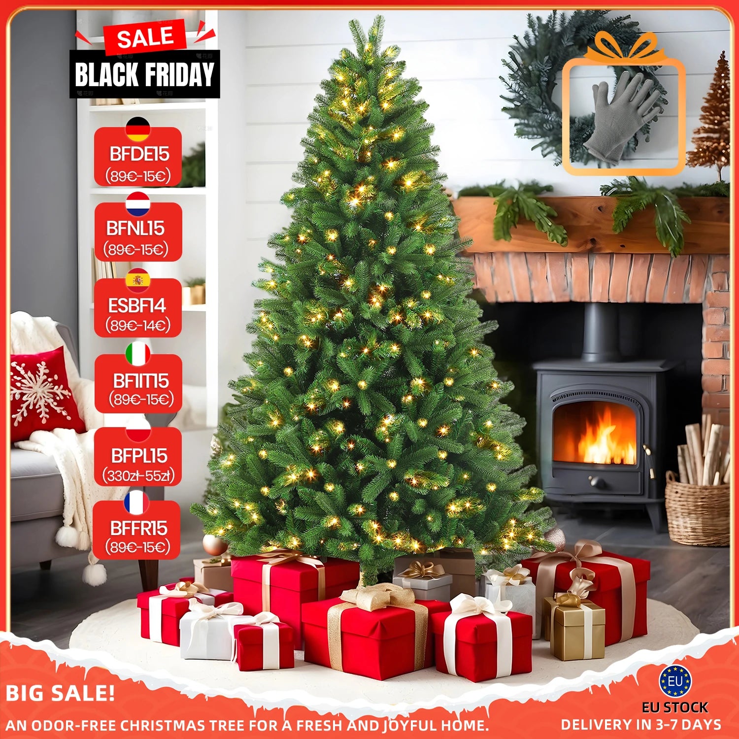 Kunstkerstboom – Nepspar – Xmas Boom – Kerstversiering – LED Verlichting – 210 cm Hoog – 340 Warm Witte LED’s – Duurzaam PVC+PE Materiaal – Automatisch Uitklapbare Takken - QUORE