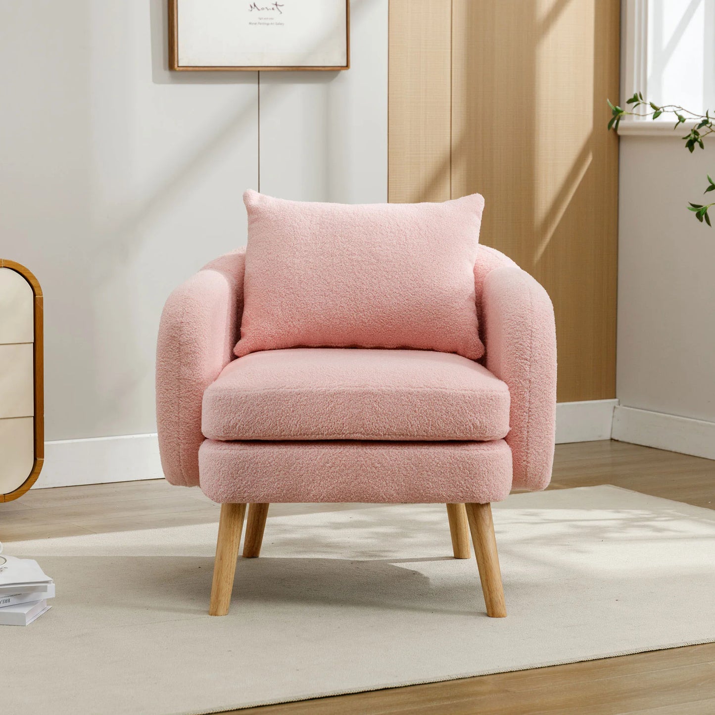 Relaxstoel – Lounge Stoel – Fauteuil – Zetel – Teddyfluweel – Ergonomische Rugsteun – Stevig Houten Frame - Roze