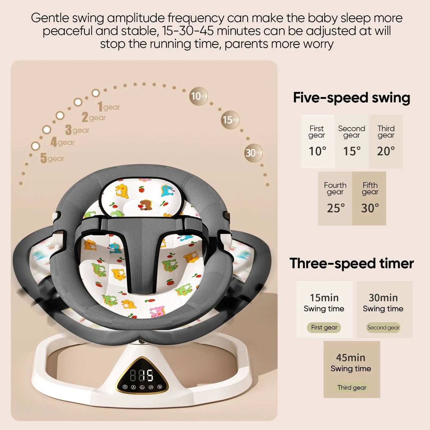 Wiegstoel - Elektrische Luxe Baby Wipstoel - Babybedje - Wipstoel  - Elektrische Schommelstoel  - Babyschommel- Baby Swing - Kinderstoel - Automatisch Schommelstoeltje met Afstandsbediening en 5-Puntsgordel - Bluetooth - Donkergrijs