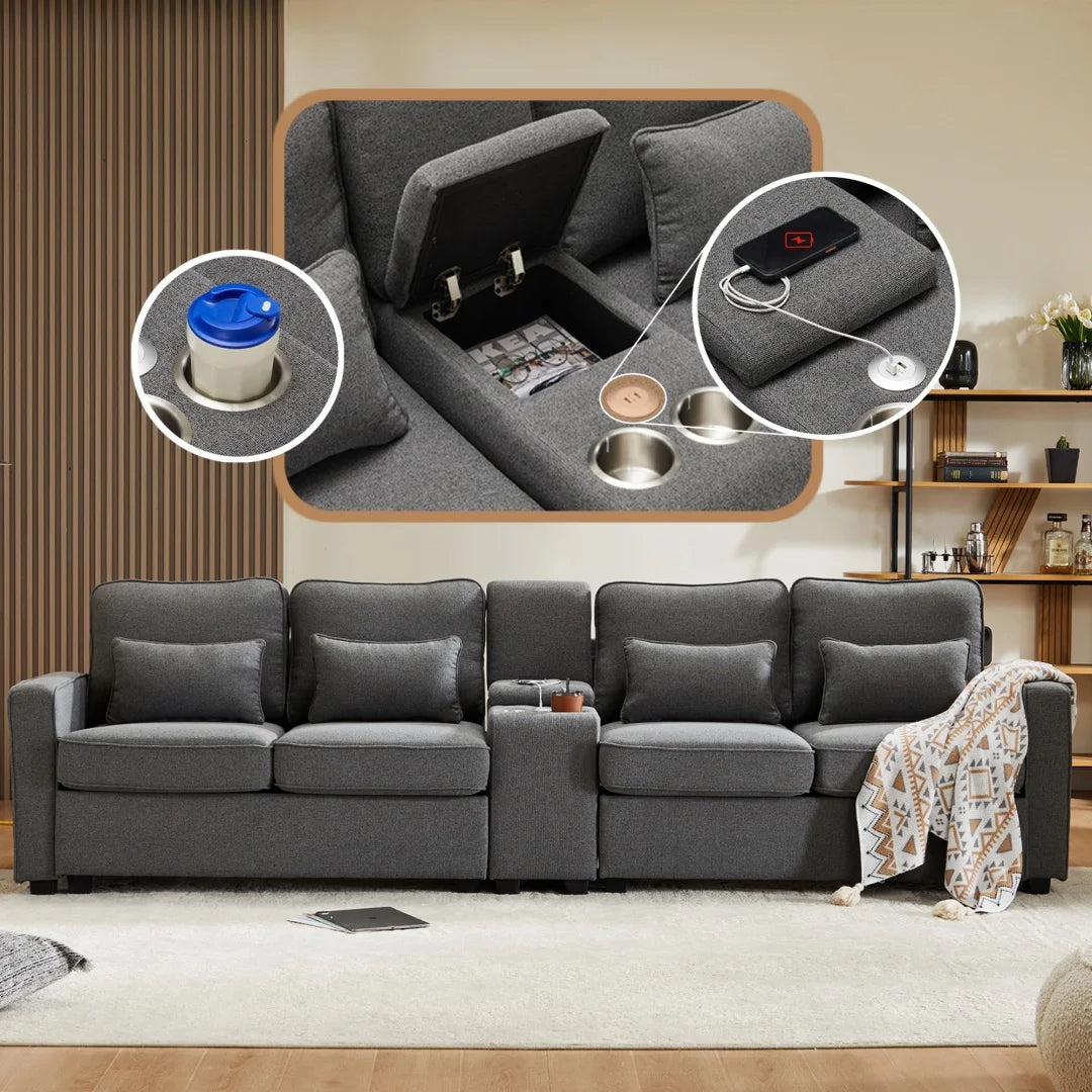 Hoekbank – Bank – Hoekbank Met Opbergruimte – Comfortabele Bank – Duurzaam Hennepstof – USB-Poorten – Instelbare Rugkussens - 290 × 83 × 88 cm - Donkergrijs