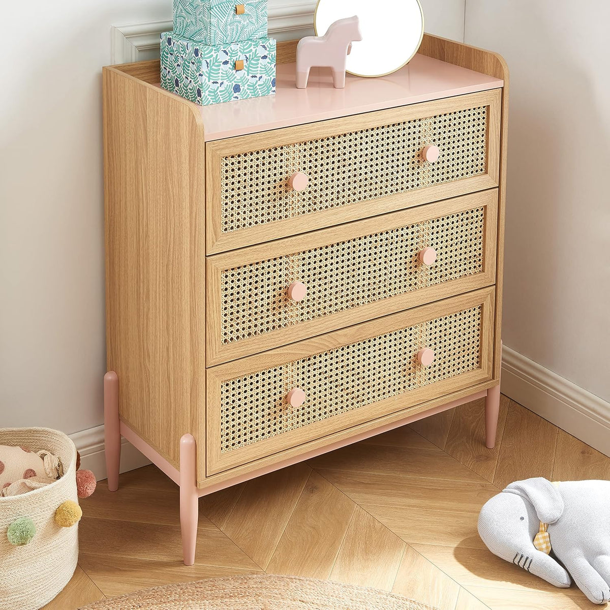BAÏTA Kindercommode Pablo roze en rotan riet