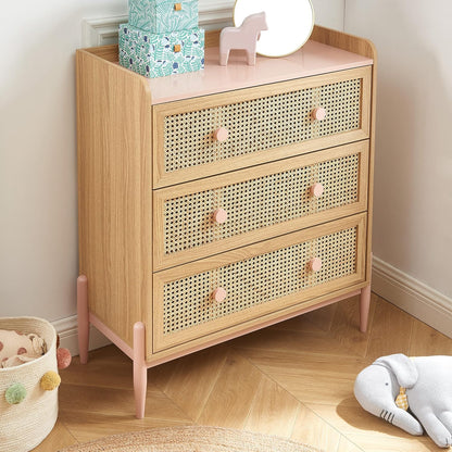 BAÏTA Kindercommode Pablo roze en rotan riet