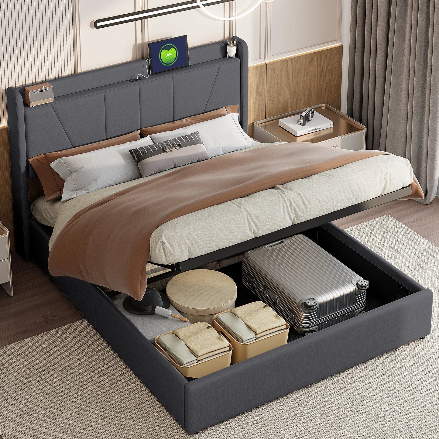 Bed met Opbergruimte – Tweepersoonsbed – Opbergbed – Boxspringbed – Ledikant – 140x200 cm – Hydraulisch Hefmechanisme – Gestoffeerd Hoofdeinde
