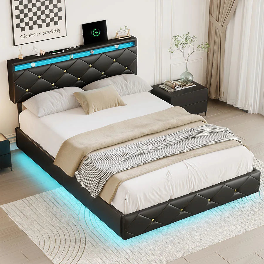 Tweepersoonsbed – Gestoffeerd Bed – 2-persoonsbed – Platformbed – Bedframe – 160x200 cm – Verstelbaar Hoofdeinde – Ingebouwde LED-verlichting