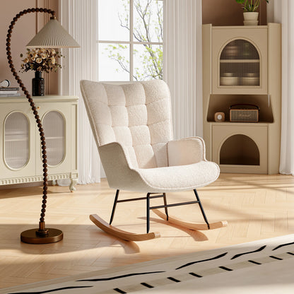 Schommelstoel – Rocking Chair – Relaxstoel – Wiegstoel – Fauteuil – Roze – Scandinavisch Design – Comfortabele Teddy Bekleding – Stevig Houten Frame
