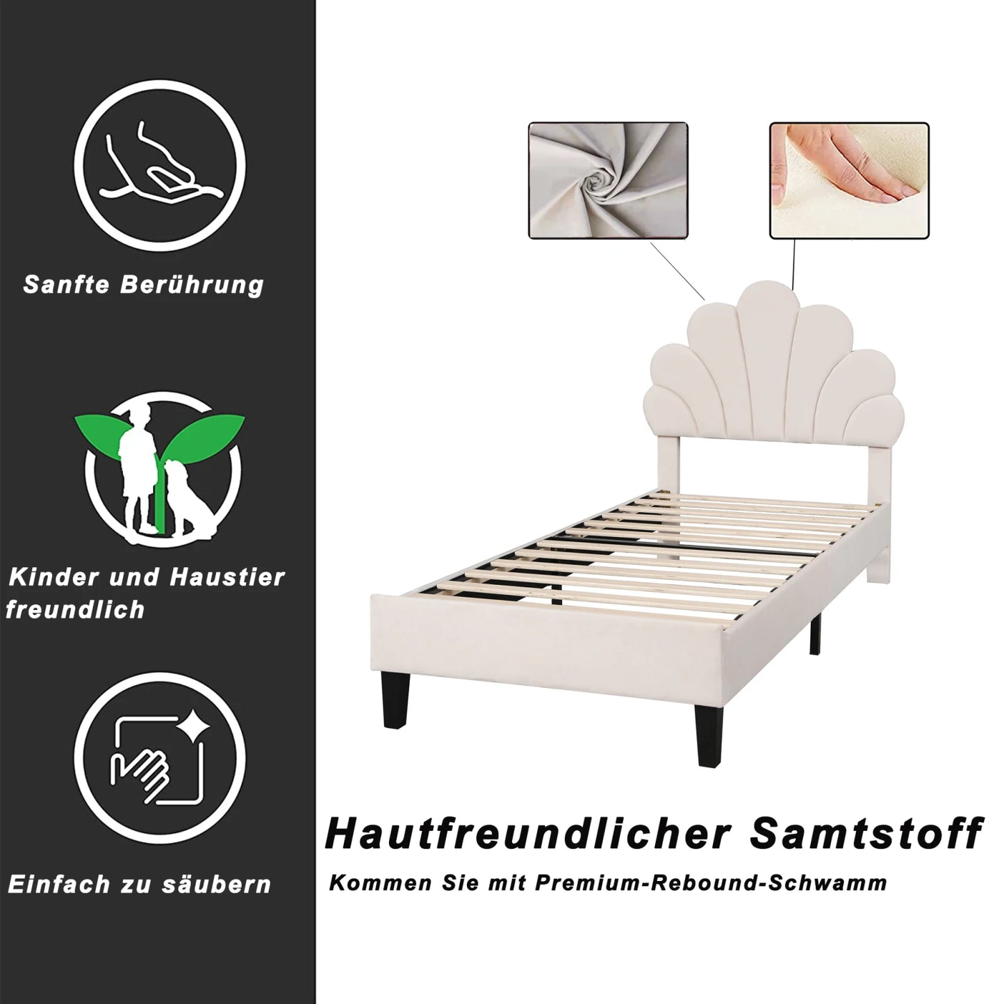 Kinderbed – Eenpersoonsbed – Kinderbedframe – Jeugdbed – Bed voor Kinderen – Beige Velvet Bekleding – 90 x 200 cm – Stevig MDF Frame Met Metalen Kruisverbinding