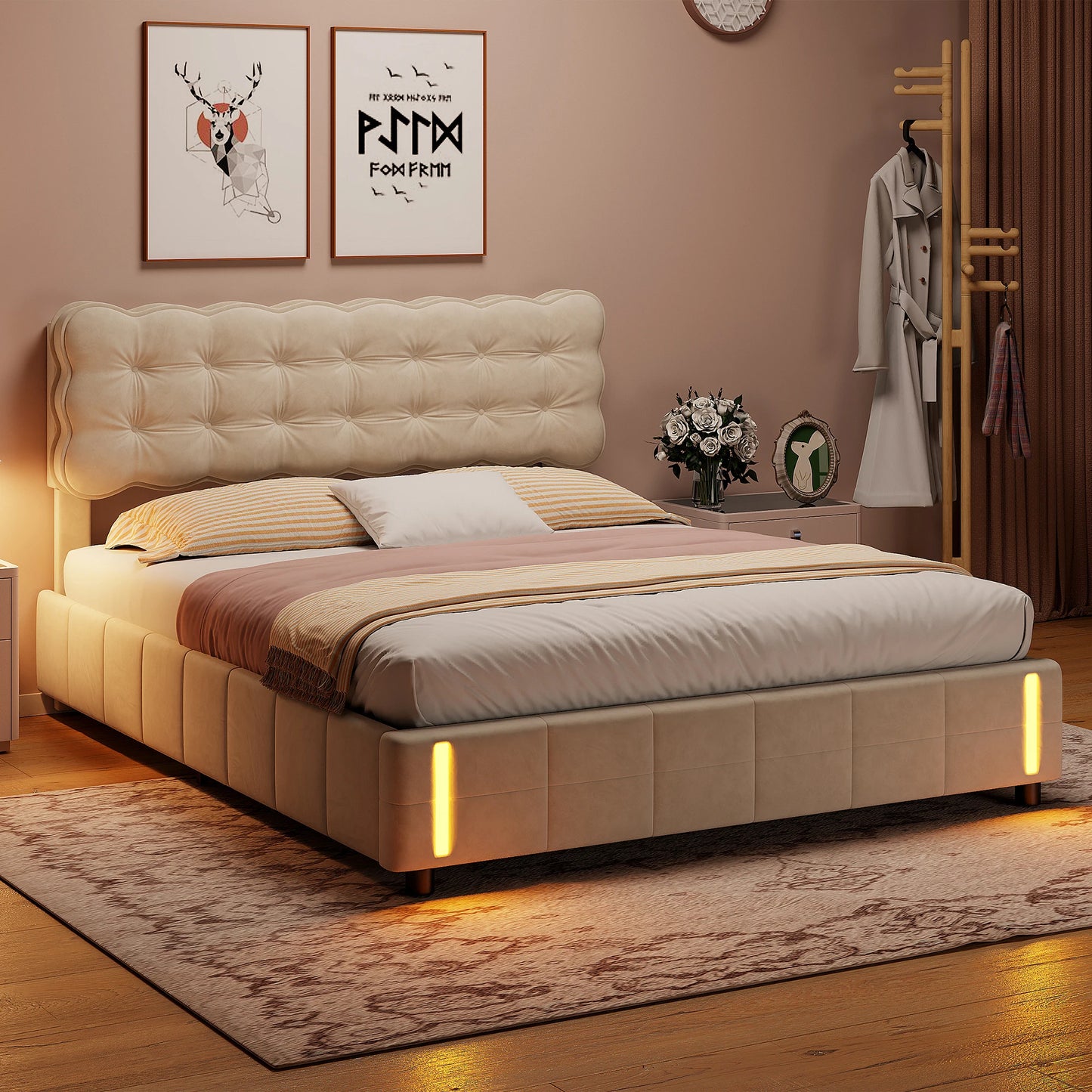 Anajqaqia Upholstered Bed with Storage Space, Hydraulic Bed with Body Sensor Light, Double Bed with Headboard & Slatted Frame