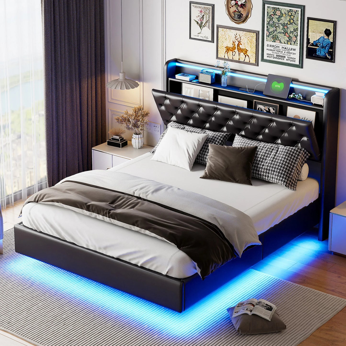 Led Boxspringbed – Gestoffeerd Bed – Hydraulisch Bed – Tweepersoonsbed – Opbergruimte Bed – 140x200 cm – PU Kunstleer Zwart – LED Verlichting en USB Oplaadpunt