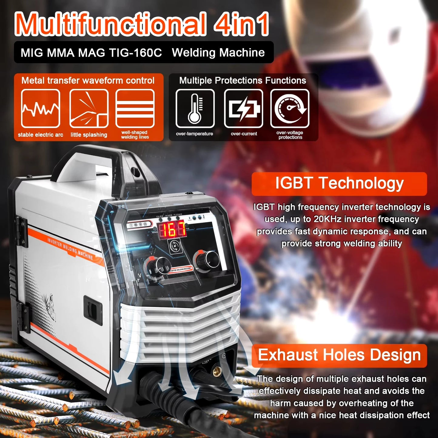 Elektrode Lasmachine - Lasmachine - Elektrische Lasser - Lasapparaat - Digitaal Inverter Lassen - 4-in-1 - MIG - MMA - MAG - TIG-160C - IGBT - Automatische Draadaanvoer - Multifunctionele Gasschild