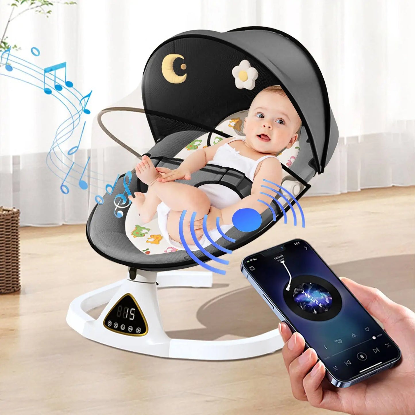 Wiegstoel voor Baby's - Elektrische Wipstoel - Babybedje - Wipstoel  - Elektrische Schommelstoel  - Babyschommel- Baby Swing - Kinderstoel - Automatisch Schommelstoeltje met Afstandsbediening en 5-Puntsgordel - Bluetooth - Grijs
