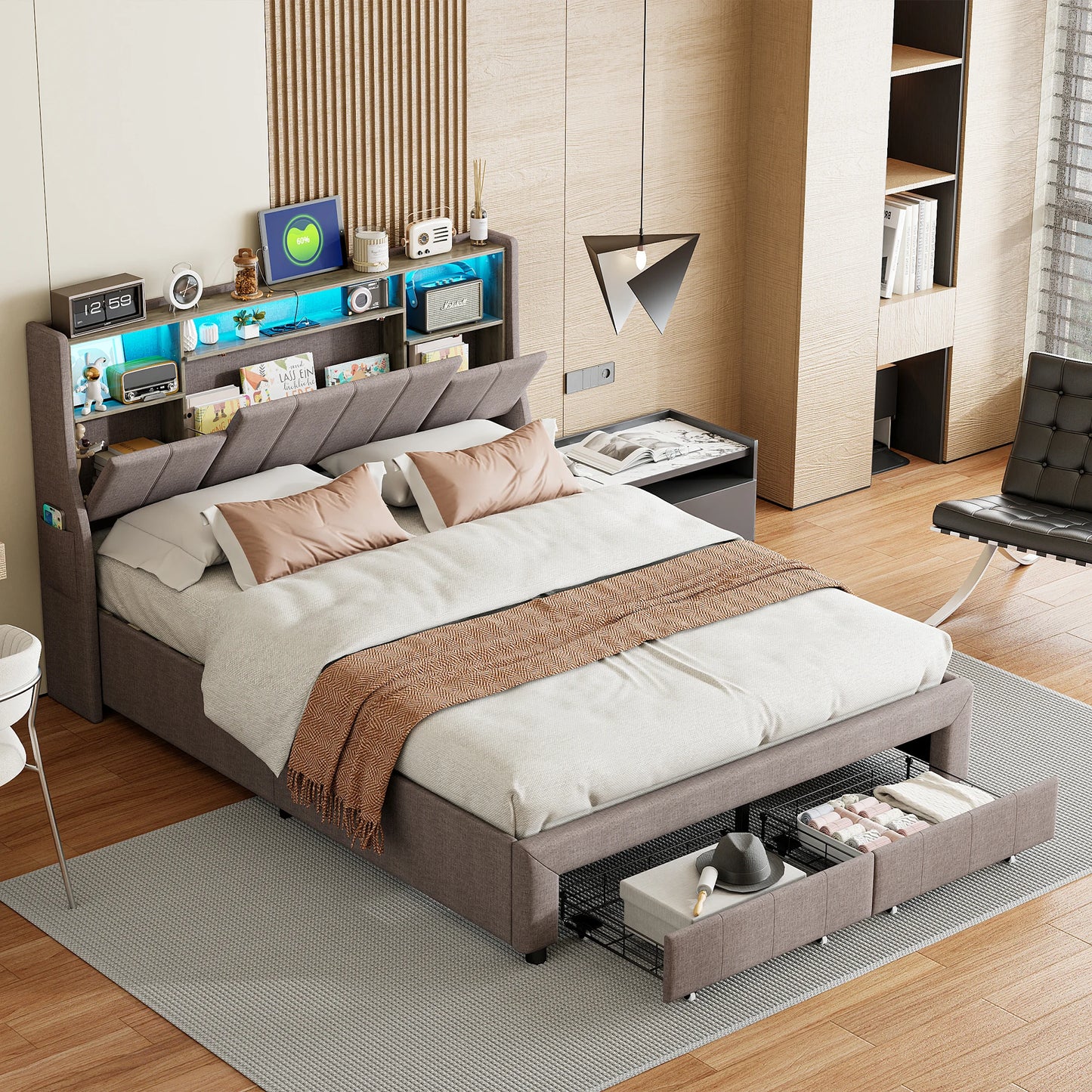 Gestoffeerd Tweepersoonsbed – Bedframe – Slaapbank – Opbergbed – Ledikant – 160x200 cm – Linnenstof Grijs – Met LED-verlichting en USB-poort – Inclusief 2 Opbergladen