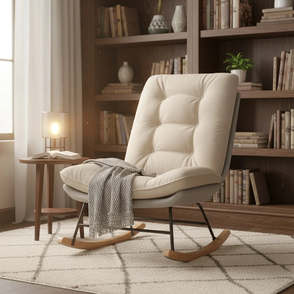 Schommelstoel Woonkamer – Schommelstoel Volwassenen – Gevoerde Schommelstoel – Scandinavische Schommelstoel – Verstelbare Rugleuning – Ergonomisch Comfort – Licht Metalen Frame – Wit Rice Variant