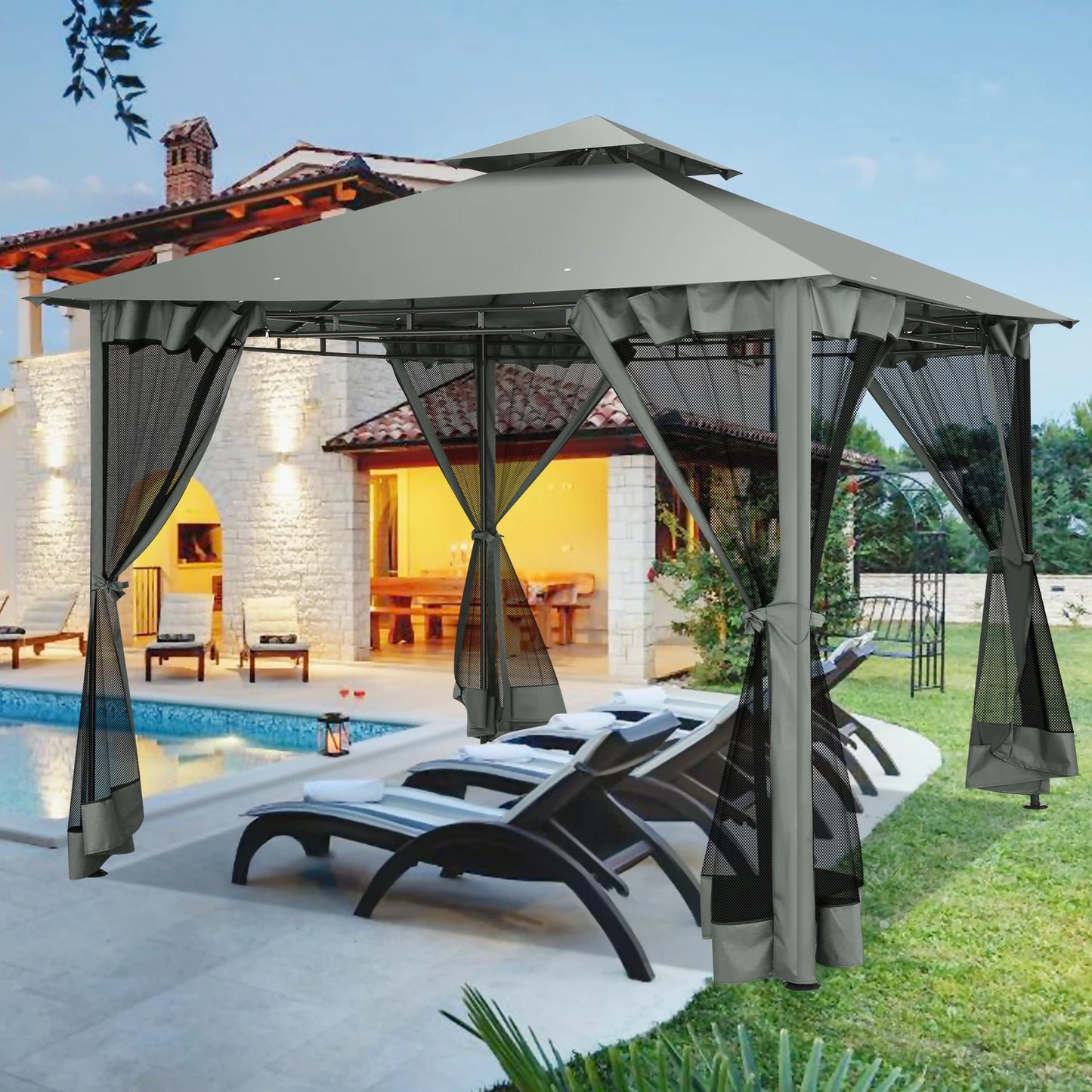 Tuinpaviljoen – Overkapping – Tuinkamer – Buitenverblijf – Zonwering – Stevig Stalen Frame – Waterafstotend Polyester Doek - Khaki